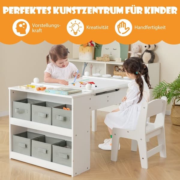 3 i 1 aktivitetsbord & staffeli med løftbar bordplade & 6 stofbeholdere & papirrulle hvid