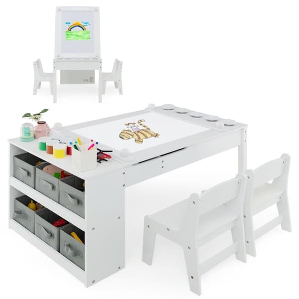 3 i 1 aktivitetsbord & staffeli med løftbar bordplade & 6 stofbeholdere & papirrulle hvid
