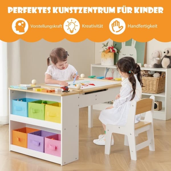 Barnebord med 2 stoler 3 i 1 aktivitetsbord og staffeli laget av tre med løftbar bordplate naturlig