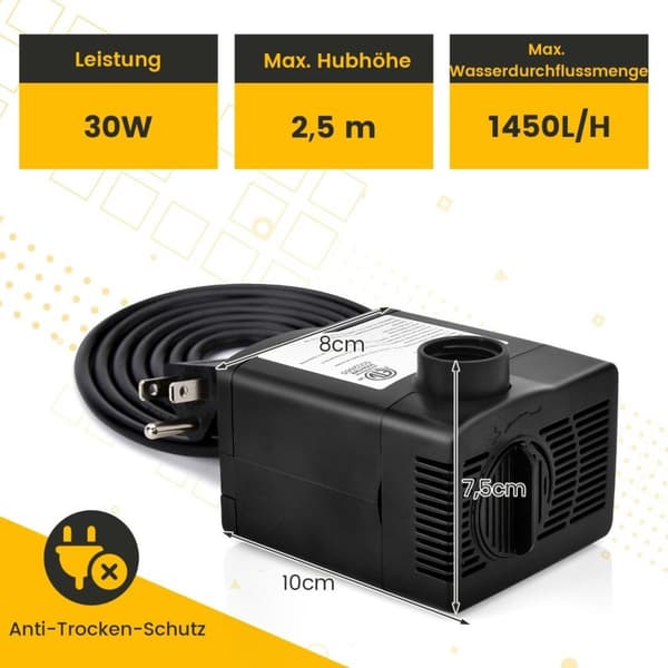 30 W mini akvariepumpe med 2,5 m høy slaglengde og 1,83 m strømkabel og 3 dyser vannpumpe 1400 L/t