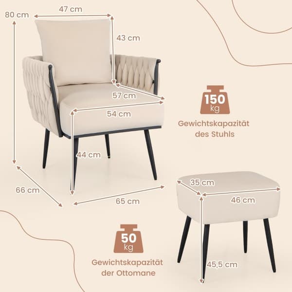 Vingestol med krakk lenestol med myk pute flettet ryggstøtte 58 cm setedybde hvit