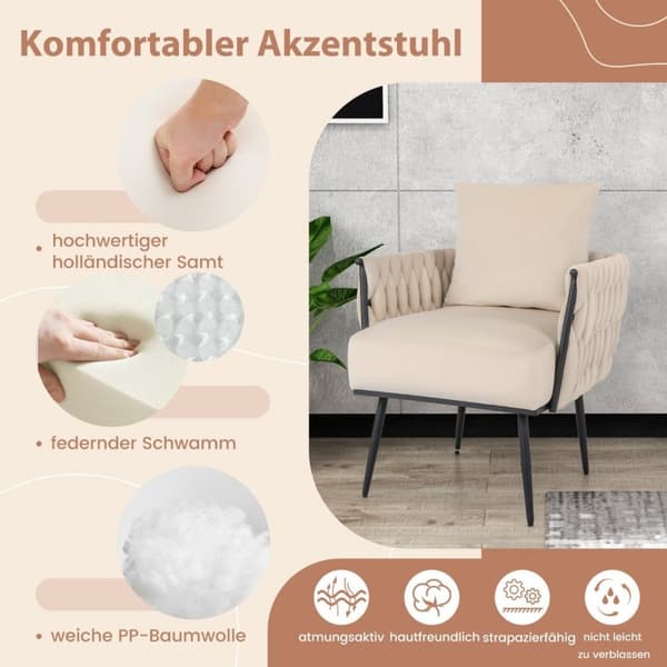 Vingestol med krakk lenestol med myk pute flettet ryggstøtte 58 cm setedybde hvit