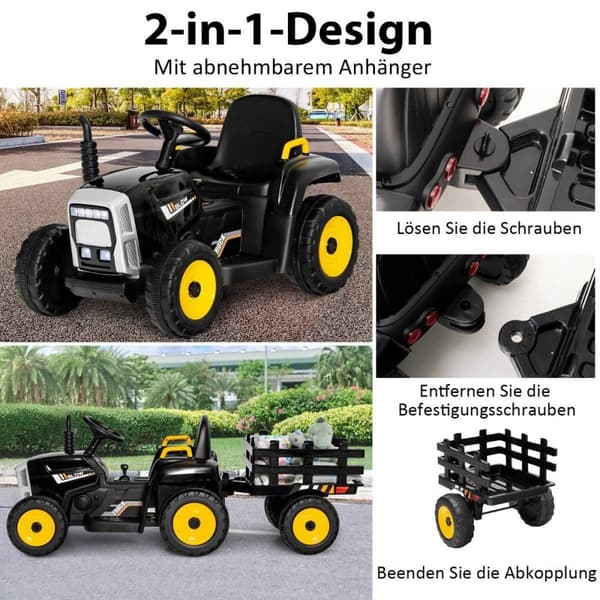 12V barnetraktor med avtakbar tilhenger og fjernkontroll elektrisk lekebil svart