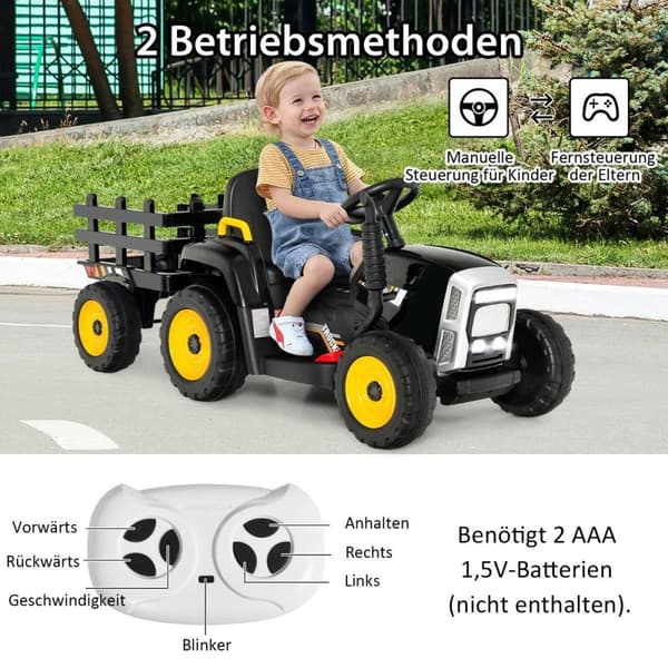 12V barnetraktor med avtakbar tilhenger og fjernkontroll elektrisk lekebil svart