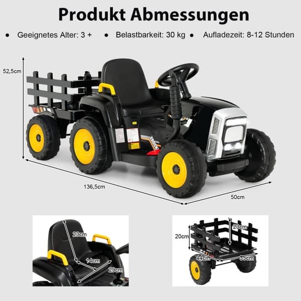 12V barnetraktor med avtakbar tilhenger og fjernkontroll elektrisk lekebil svart