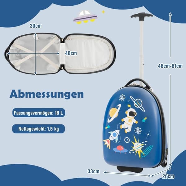 16" barnekoffert med 2-trinns teleskophåndtak barnevogn barnehåndbagasje astronauter