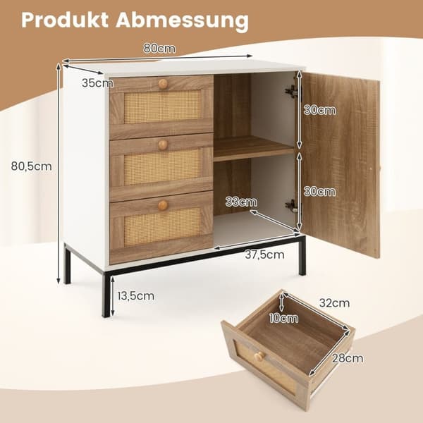 Skænk kommode i rattan med 1 låge og 3 skuffer køkkenskab 80 x 35 x 80,5 cm hvid + natur