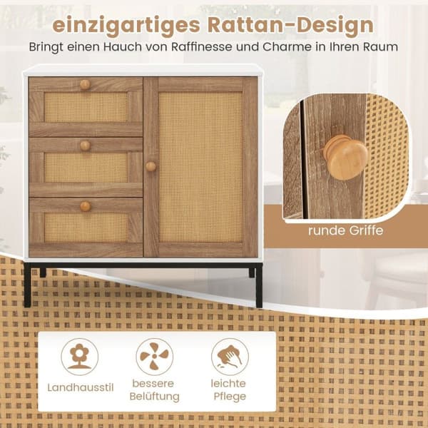 Skænk kommode i rattan med 1 låge og 3 skuffer køkkenskab 80 x 35 x 80,5 cm hvid + natur