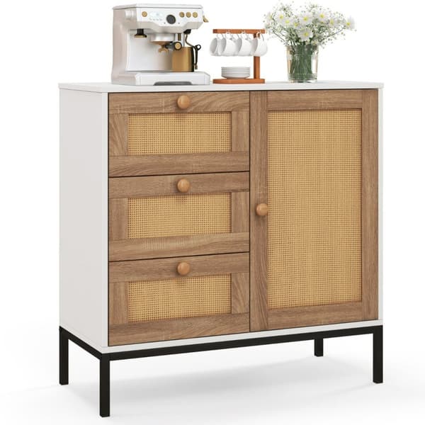 Skænk kommode i rattan med 1 låge og 3 skuffer køkkenskab 80 x 35 x 80,5 cm hvid + natur