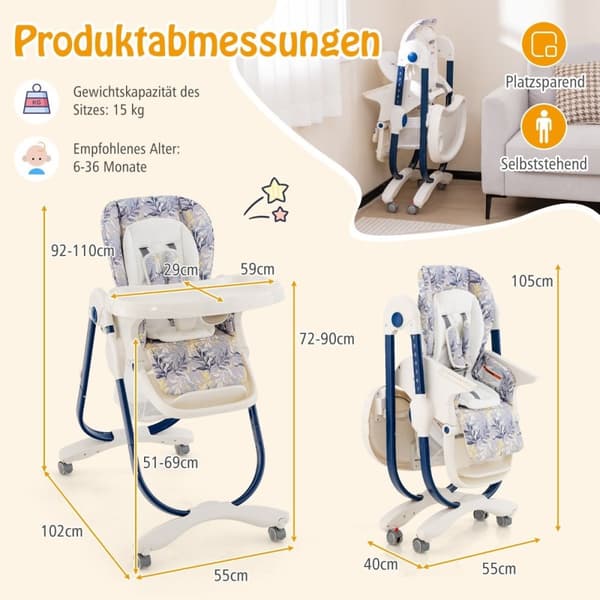 Fällbar barnstol med hjul & justerbar höjd & fotstöd & ryggstöd Babysits Marinblå