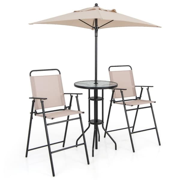 4-delat utomhus barset runt barbord med 2 hopfällbara barstolar & parasoll beige