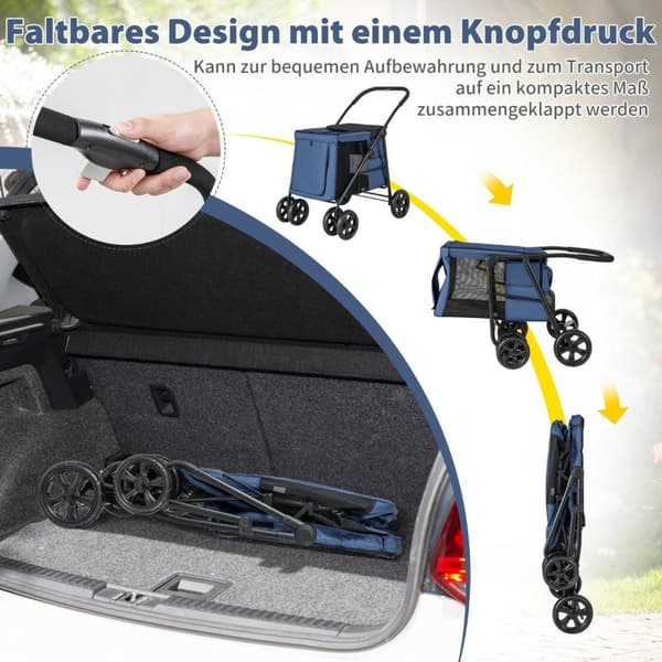 Hundeklapvogn hundevogn foldbar op til 40 kg hundevogn med pude 106 x 63 x 103 cm blå