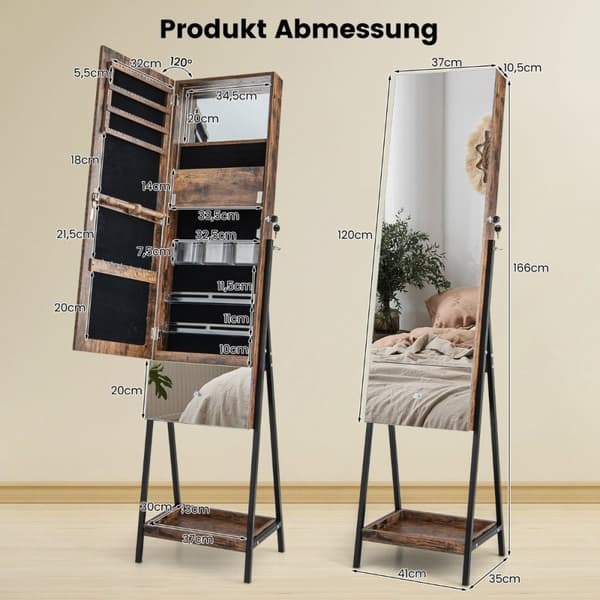 Smykkeskap med speil Speilskap låsbart med 3 fargede LED-lys 41 x 35 x 166 cm brun