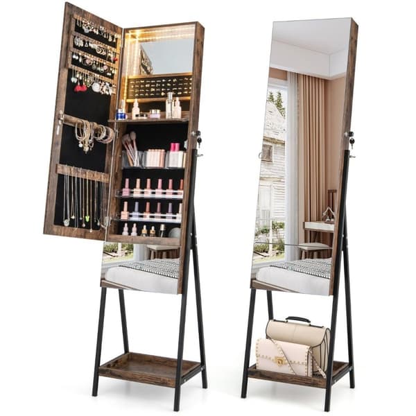 Smykkeskap med speil Speilskap låsbart med 3 fargede LED-lys 41 x 35 x 166 cm brun