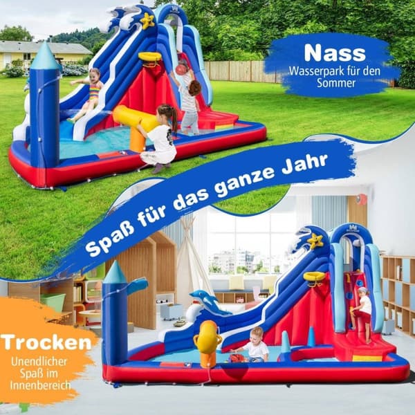 6 i 1 uppblåsbart hoppborg med klättervägg och plaskbassäng och vattenkanon och basketbåge