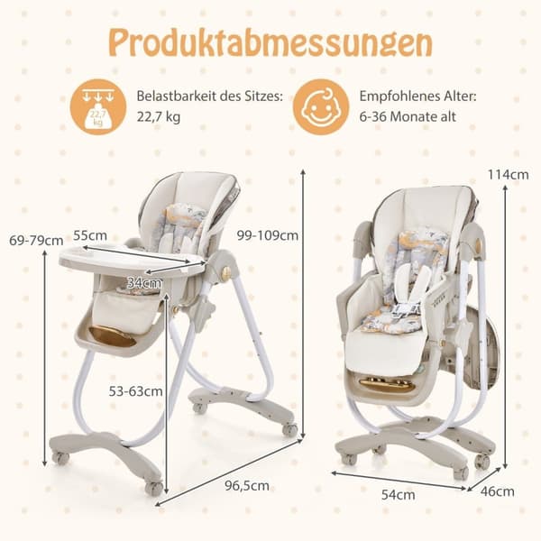 Baby højstol sammenklappelig babystol med lænefunktion hjul & dobbeltbakke 96,5 x 55 x 99-109 cm grå