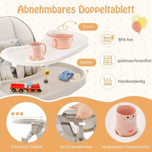 Baby højstol sammenklappelig babystol med lænefunktion hjul & dobbeltbakke 96,5 x 55 x 99-109 cm grå
