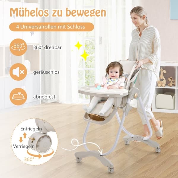Barnestol sammenleggbar barnestol med hvilefunksjonshjul og dobbeltbrett 96,5 x 55 x 99-109 cm grå