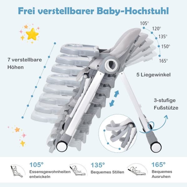 4 i 1 baby højstol foldbar babystol med liggefunktion 84 x 56 x 104 cm grå