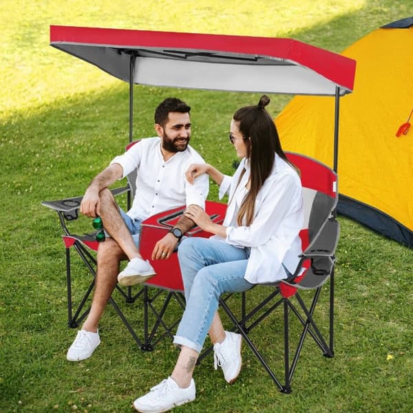 2-personers campingstol med solafskærmning minibord sammenklappelig fiskestol med bæretaske 166 x 71 x 151 cm rød