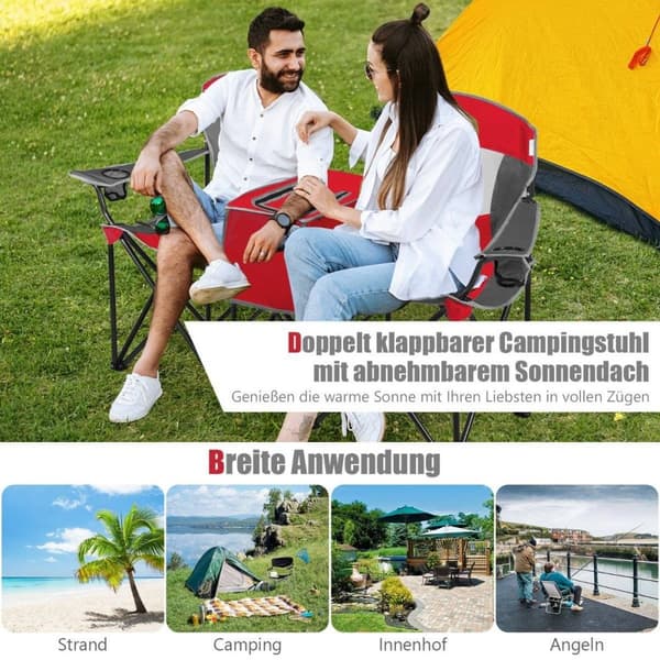 2-personers campingstol med solafskærmning minibord sammenklappelig fiskestol med bæretaske 166 x 71 x 151 cm rød