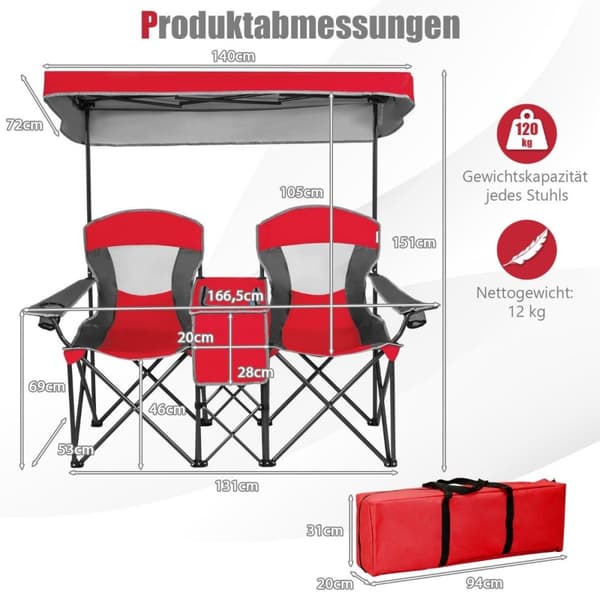 2-personers campingstol med solafskærmning minibord sammenklappelig fiskestol med bæretaske 166 x 71 x 151 cm rød