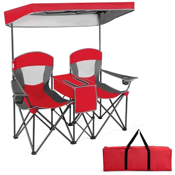 2-personers campingstol med solafskærmning minibord sammenklappelig fiskestol med bæretaske 166 x 71 x 151 cm rød