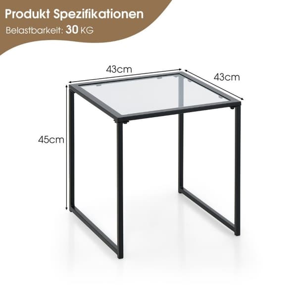 Sidebord lite hagebord balkongbord med bordplate laget av herdet glass 43 x 43 x 45 cm svart