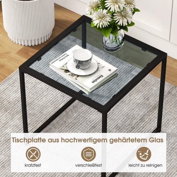 Sidebord lite hagebord balkongbord med bordplate laget av herdet glass 43 x 43 x 45 cm svart
