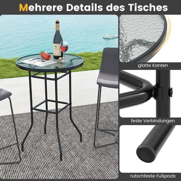 Højt havebord barbord rundt bistrobord med bordplade lavet af hærdet glas 68 x 68 x 97 cm sort