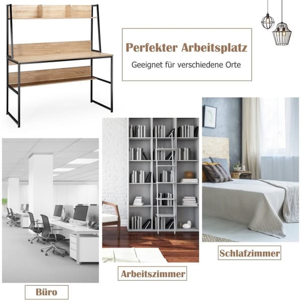 Computerbord med hylde & bogreol & justerbare trædepuder skrivebordsbord naturligt