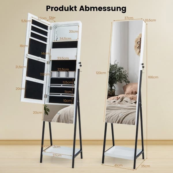 Smyckesskåp med spegel Spegelskåp låsbart med 3 färgade LED-lampor 41 x 35 x 166 cm vit