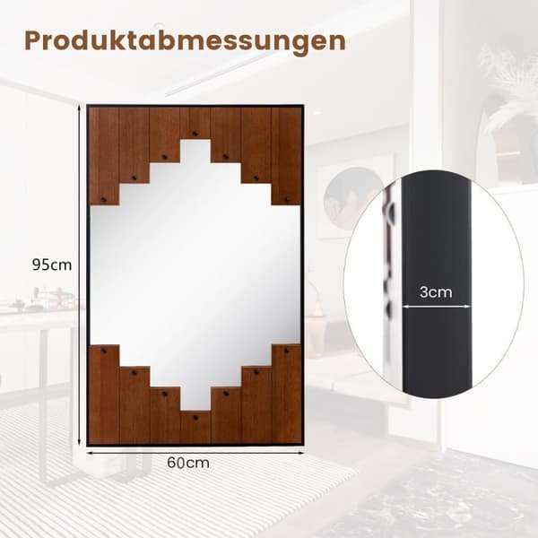 Rektangulært spejl med træramme 60 x 95 cm rustikt vægspejl med to-vejs kroge