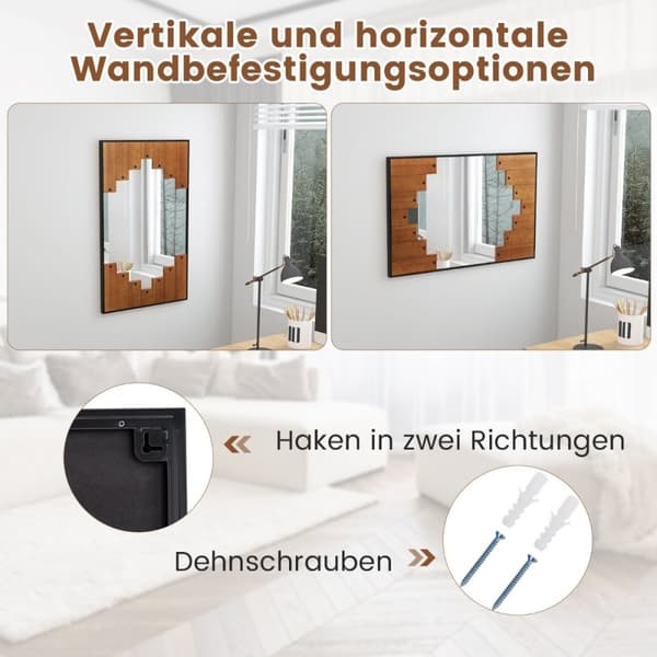 Rektangulært spejl med træramme 60 x 95 cm rustikt vægspejl med to-vejs kroge