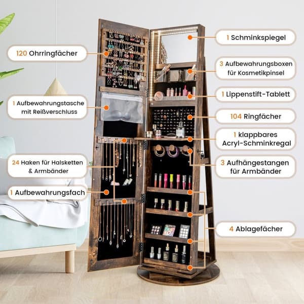 360° roterande smyckesskåp med trefärgade LED-lampor, fristående spegelskåp, brun