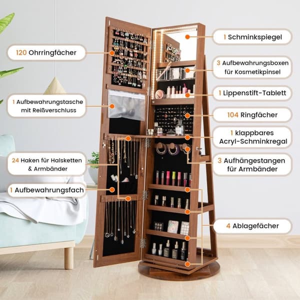 360° pyörivä korukaappi kolmivärisellä LED-valolla, vapaasti seisova puinen peilikaappi