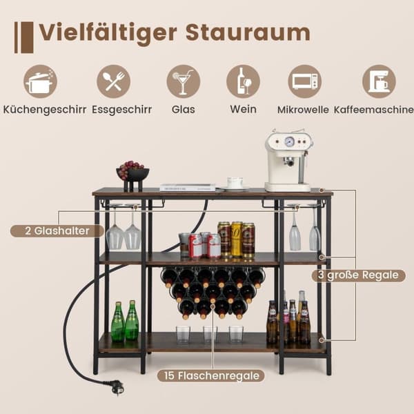 Industriel vinreol med glasholder og hylder og fatninger til 15 vinflasker Vinskab Brun