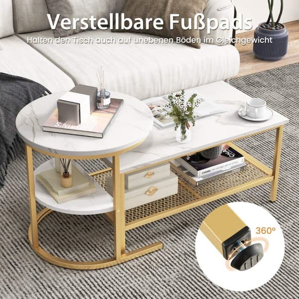 Set med 2 soffbord, sidobord, marmorlook med metallstomme och hylla i guld och vitt