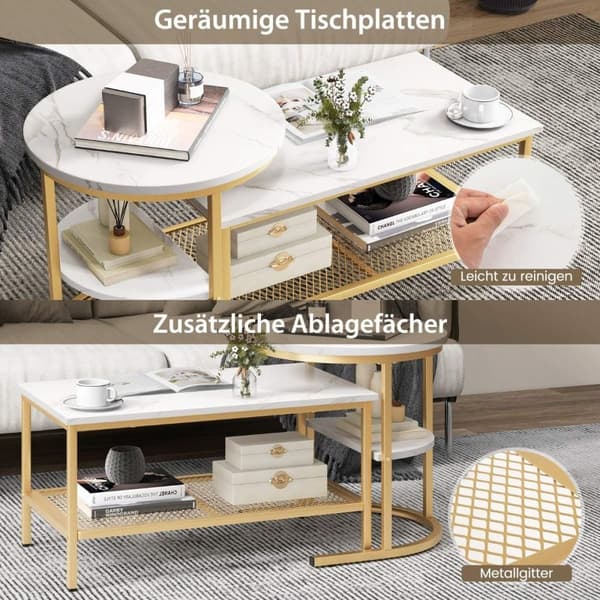 Set med 2 soffbord, sidobord, marmorlook med metallstomme och hylla i guld och vitt