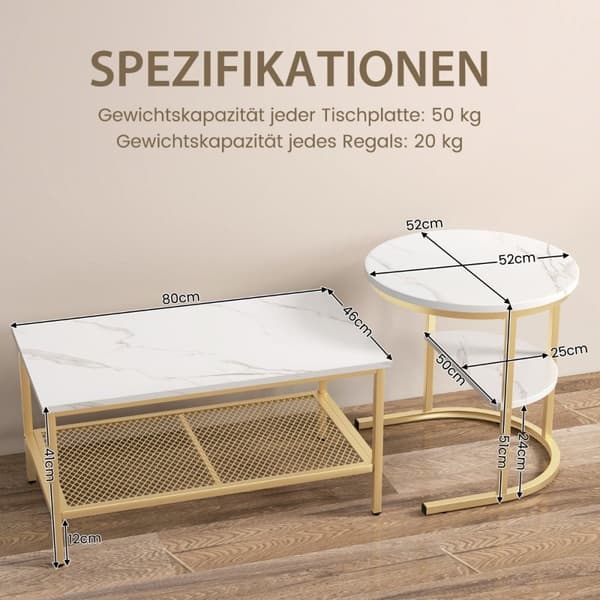 Set med 2 soffbord, sidobord, marmorlook med metallstomme och hylla i guld och vitt