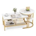 Miniatyrbild 1 av 5: Set med 2 soffbord, sidobord, marmorlook med metallstomme och hylla i guld och vitt