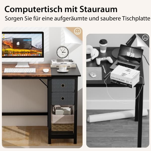 120 cm langt skrivebord med 2 skuffer & hovedtelefonkrog & opbevaringsrum computerbord