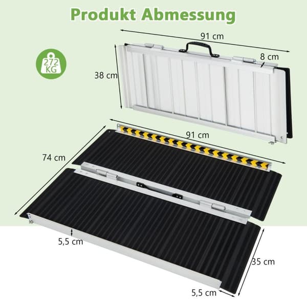 91 x 74 cm rullestolrampe, bærbar og anti-skli sammenleggbar rampe, lastekapasitet opptil 272 kg, aluminium