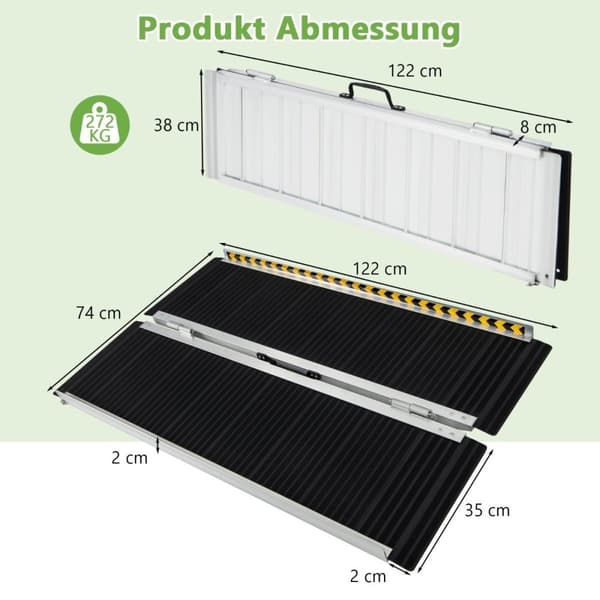 122 x 74 cm pyörätuoliramppi, kannettava ja liukumaton taittuva ramppi, kantavuus 272 kg asti, alumiini