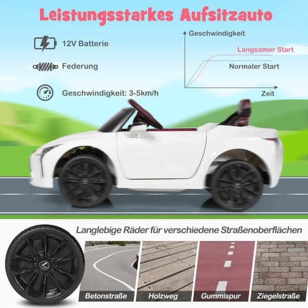 Elbil för barn med 2,4G fjärrkontroll & LED-lampor & musik Lexus LC500 barnbil vit