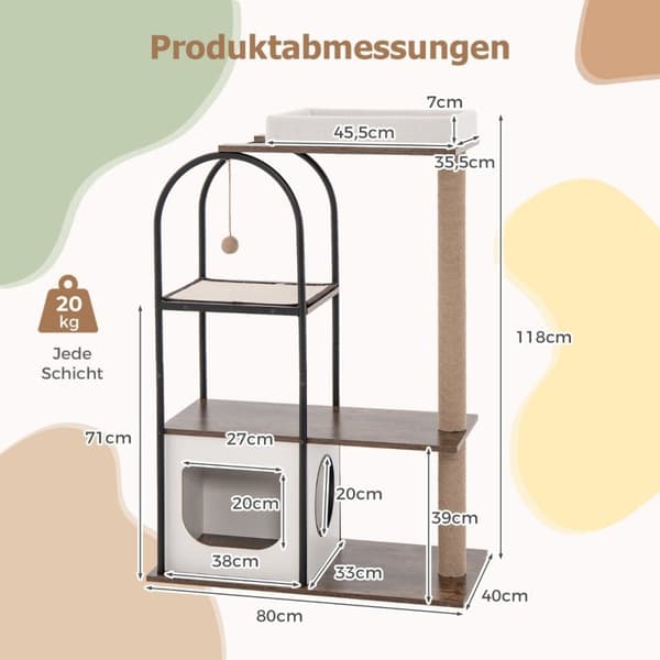Kradsestolpe med kattehule 118 cm kattetræ med aftagelig katteseng & bold & kradsemåtte