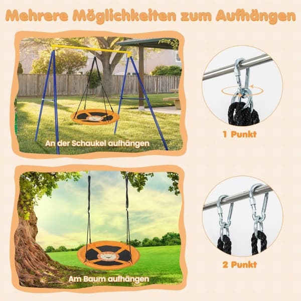 Diameter 100 cm reirhuske med justerbare tau, hengende huske, barnehuske, rund huske, gul