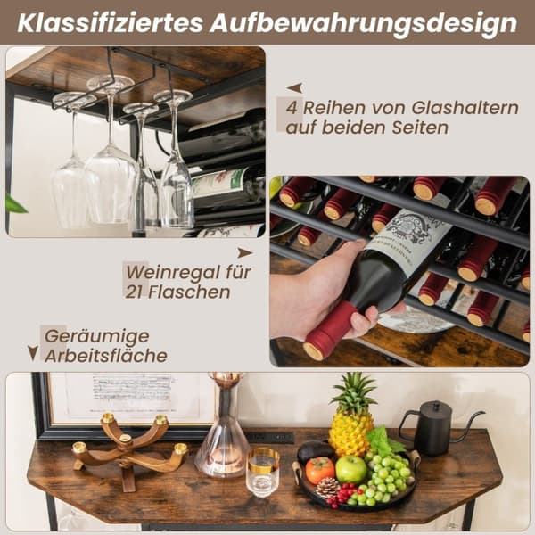 3-trins industriel vinreol med fatninger og flaskehylde og glasholdere Vinbarskab Brun
