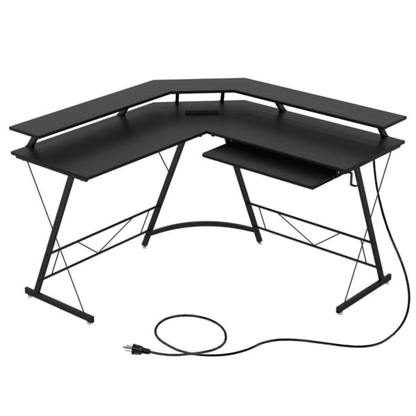 Hjørneskrivebord med stik & USB-opladningsport & monitorstand sort