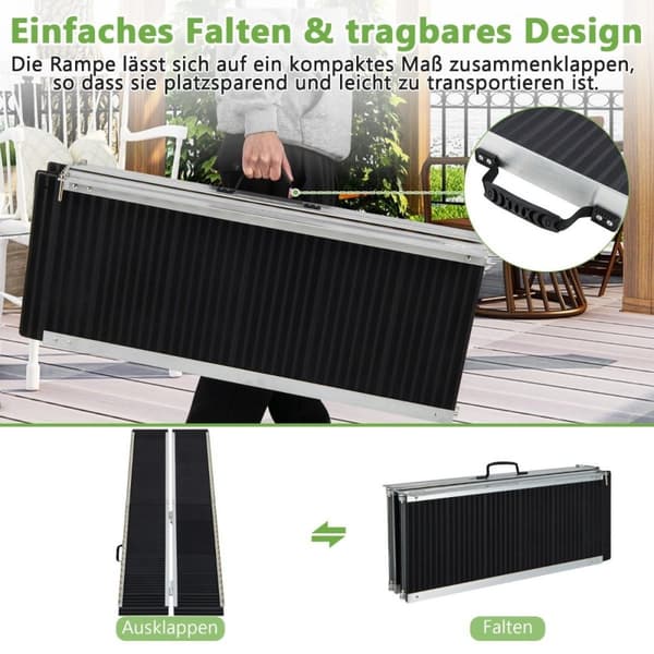 183 x 74 cm rullestolrampe Bærbar og anti-skli sammenleggbar rampe opp til 272 kg last aluminium